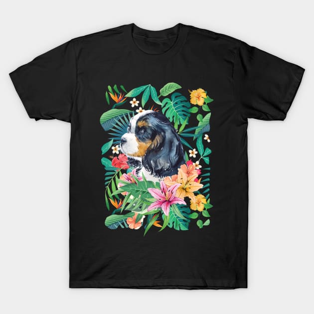 Tropical Tri-color Cavalier King Charles Spaniel T-Shirt by LulululuPainting